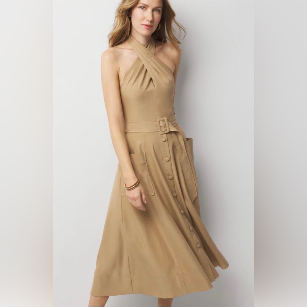 White House Black Market Sleeveless Halter Midi Dress in Camel size 6